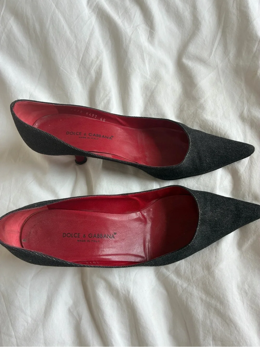 Dolce & Gabbana Black Denim Pointed Toe Red Kitten Heel Pumps with Red Interior